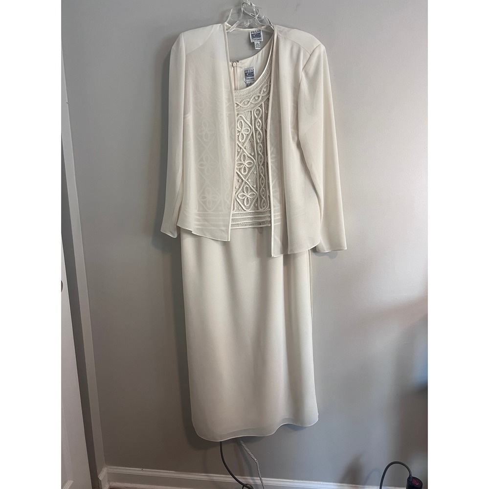 R&M Richards Ivory Soutache Embroidered Maxi Dress & Jacket Set 14 Formal